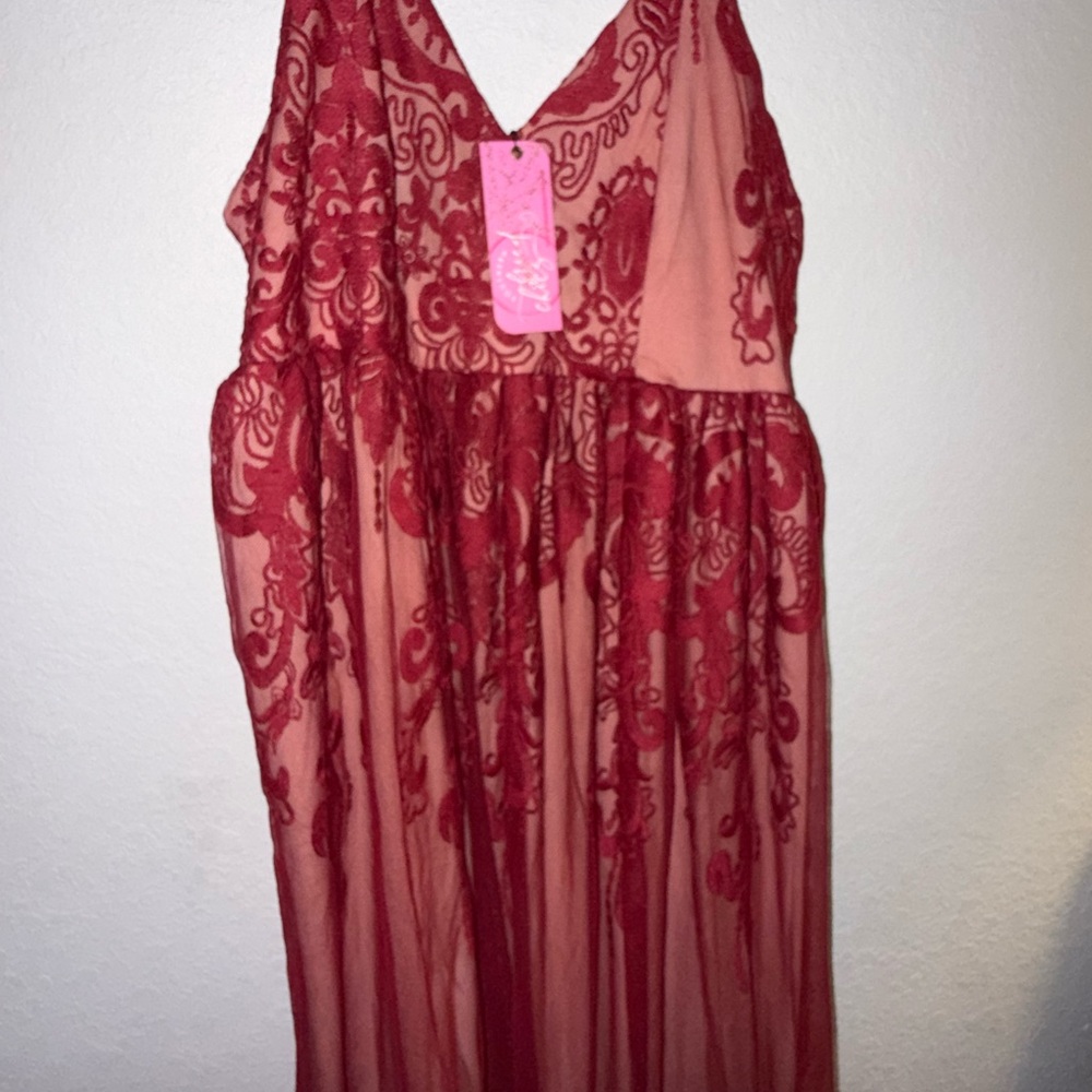Sheer Lace Overlay Maxi Dress in Deep Red - Women